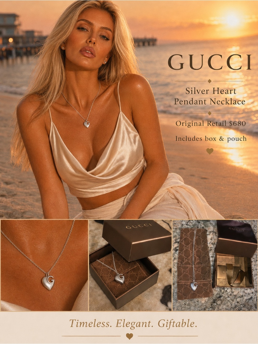 Gucci Silver Heart Pendant Necklace